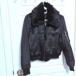 RK Black bomber jacket with rabbit hair front and detachable rabbit hair collar